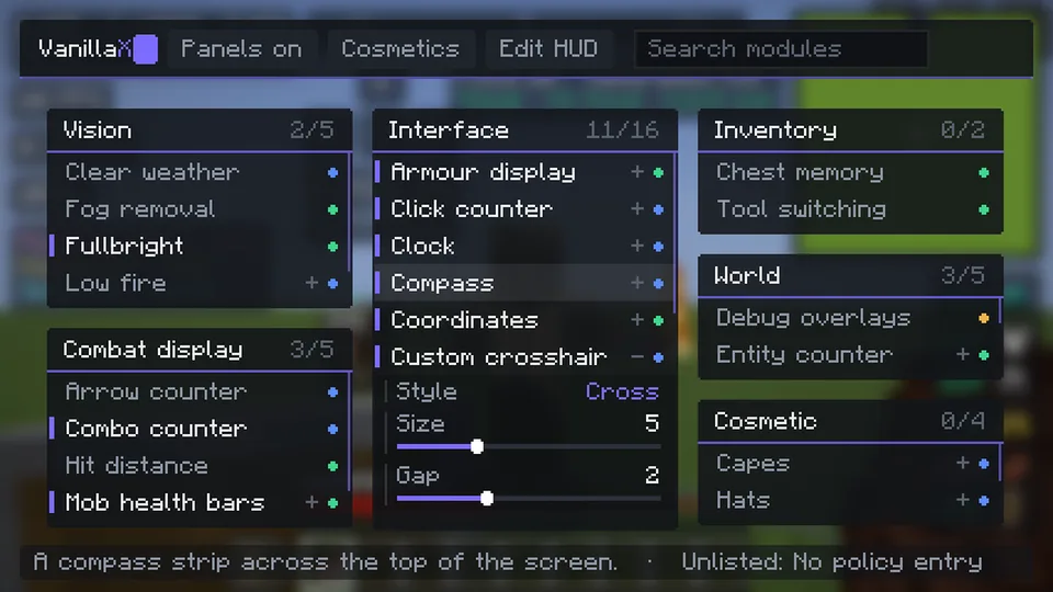 Module menu with settings open