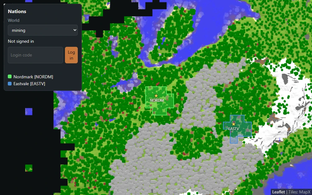 The built-in web map with two nations and their capitals