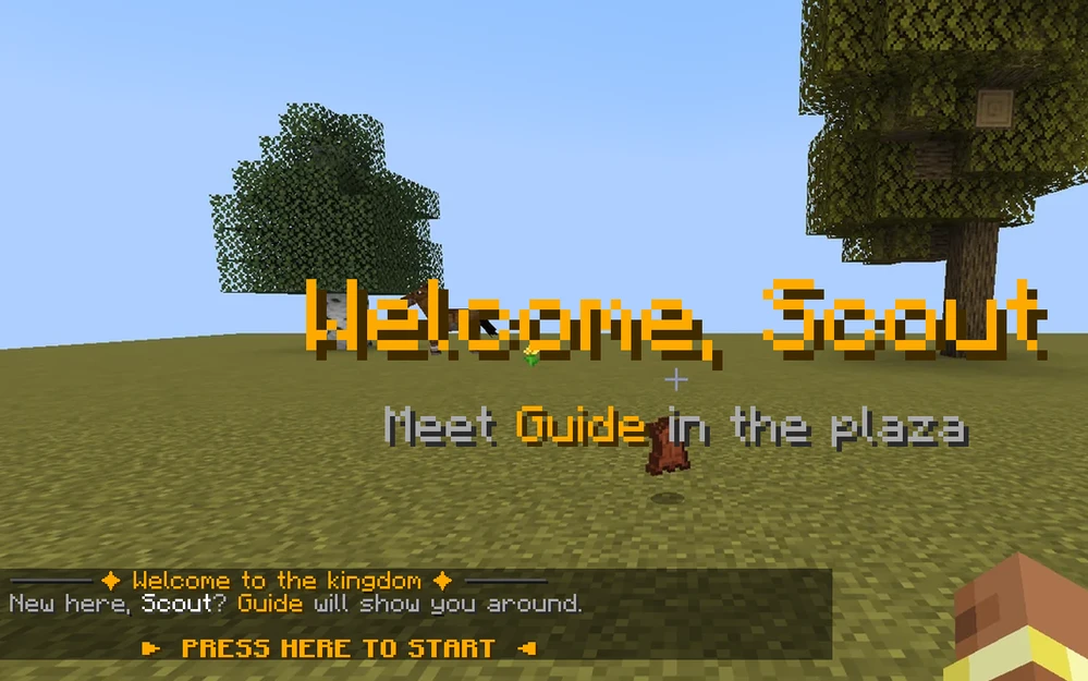 New players get a welcome title and a button that starts the Guide's conversation