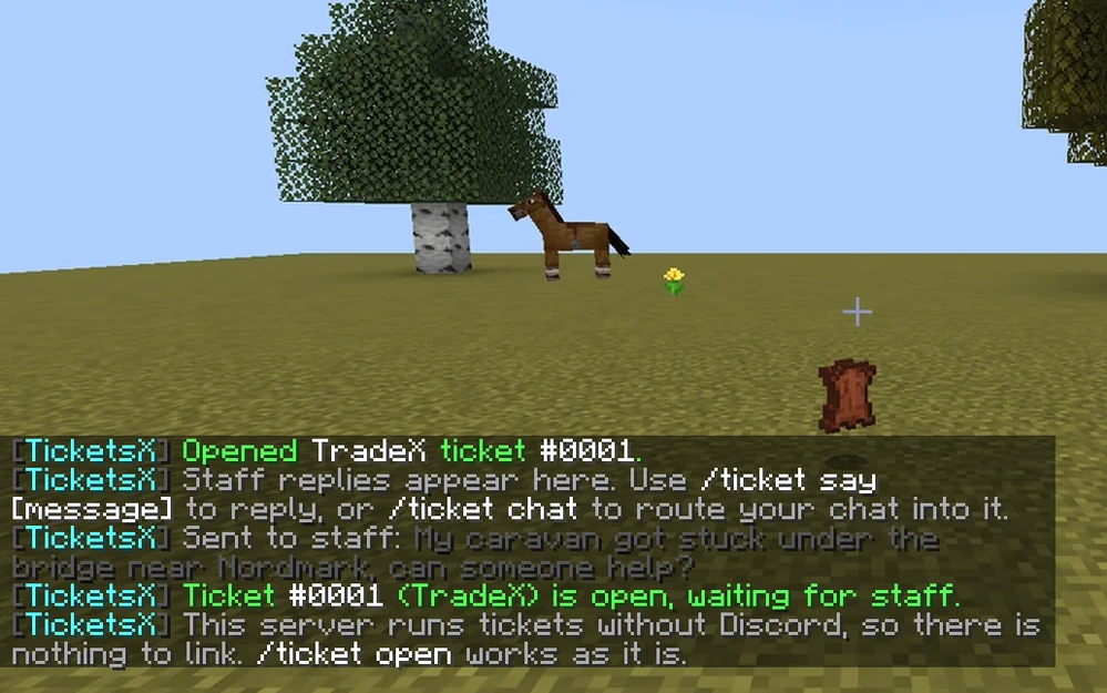 Opening and answering a ticket in game, on a server with no Discord bot